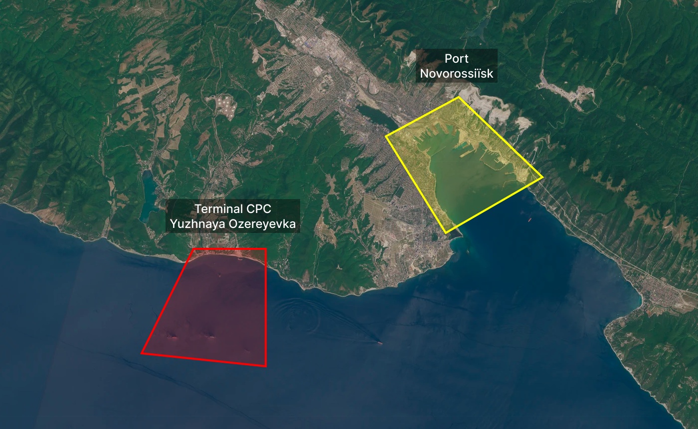 Vue satellitaire du terminal de Yuzhnaya Ozereyevka et du port de Novorossiïsk